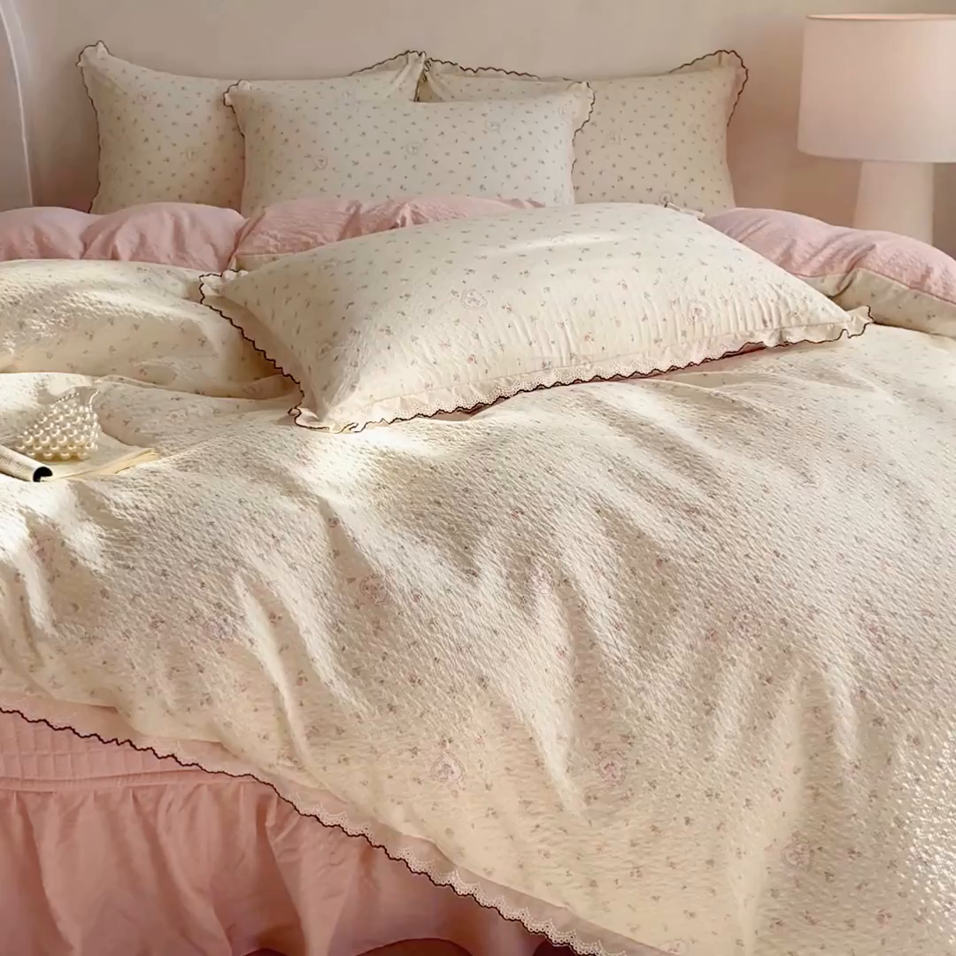 91家纺网 家纺一手货源 找家纺 （总）尚美 2026新款泡芙棉床盖全棉绣花小花韩版四件套