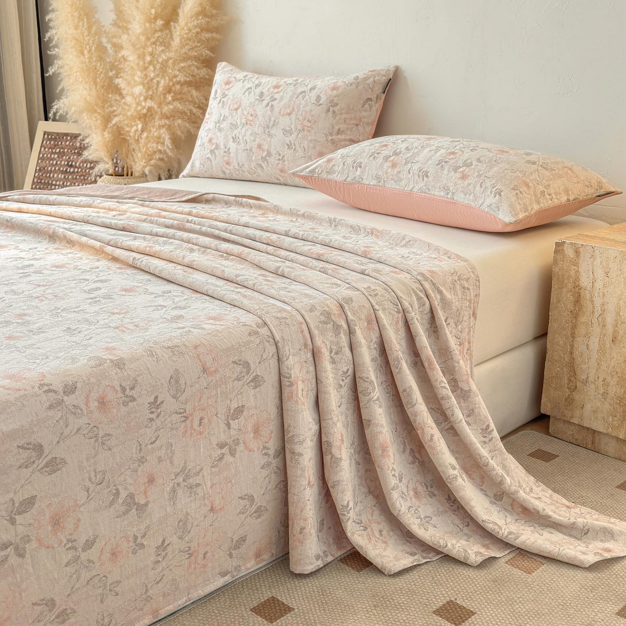 91家纺网 家纺一手货源 找家纺 涵宸家纺 2026新款全棉提花色坊系列单枕套 枕套-繁花盈然-粉