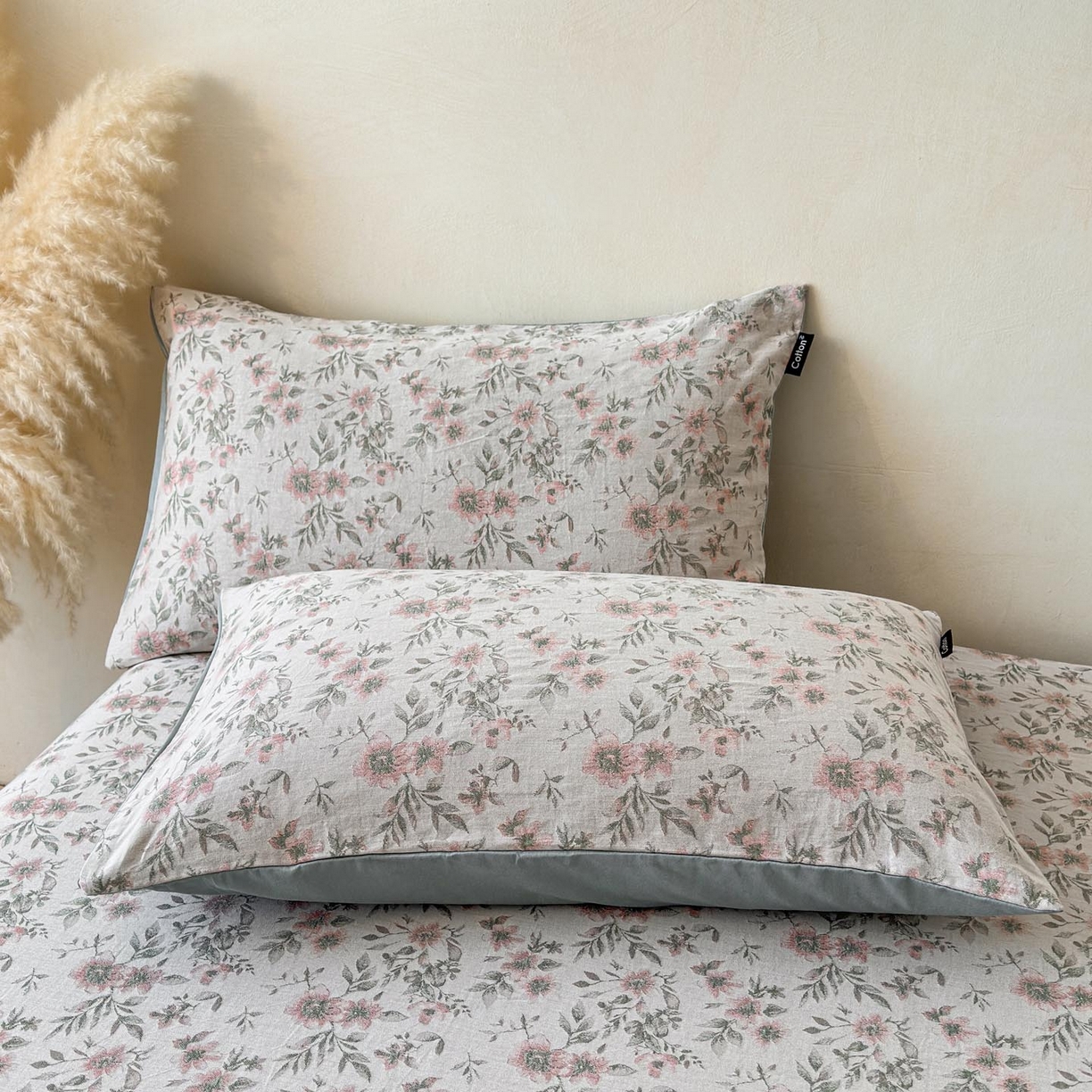 91家纺网 家纺一手货源 找家纺 涵宸家纺 2026新款全棉提花色坊系列单枕套 枕套-素薇-粉绿