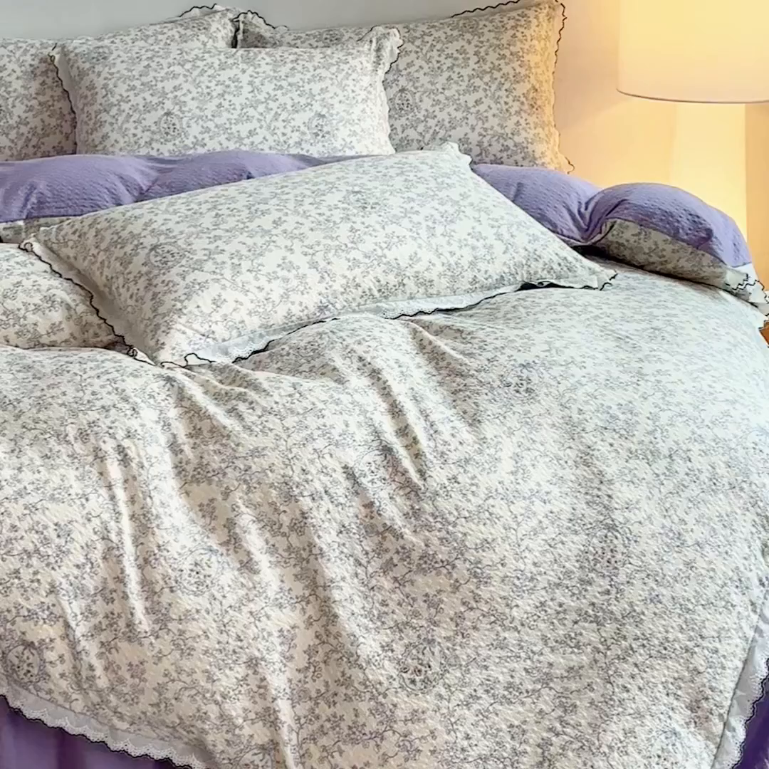 91家纺网 家纺一手货源 找家纺 尚美 2026新款泡芙棉床盖全棉绣花小花韩版四件套 紫薇花季