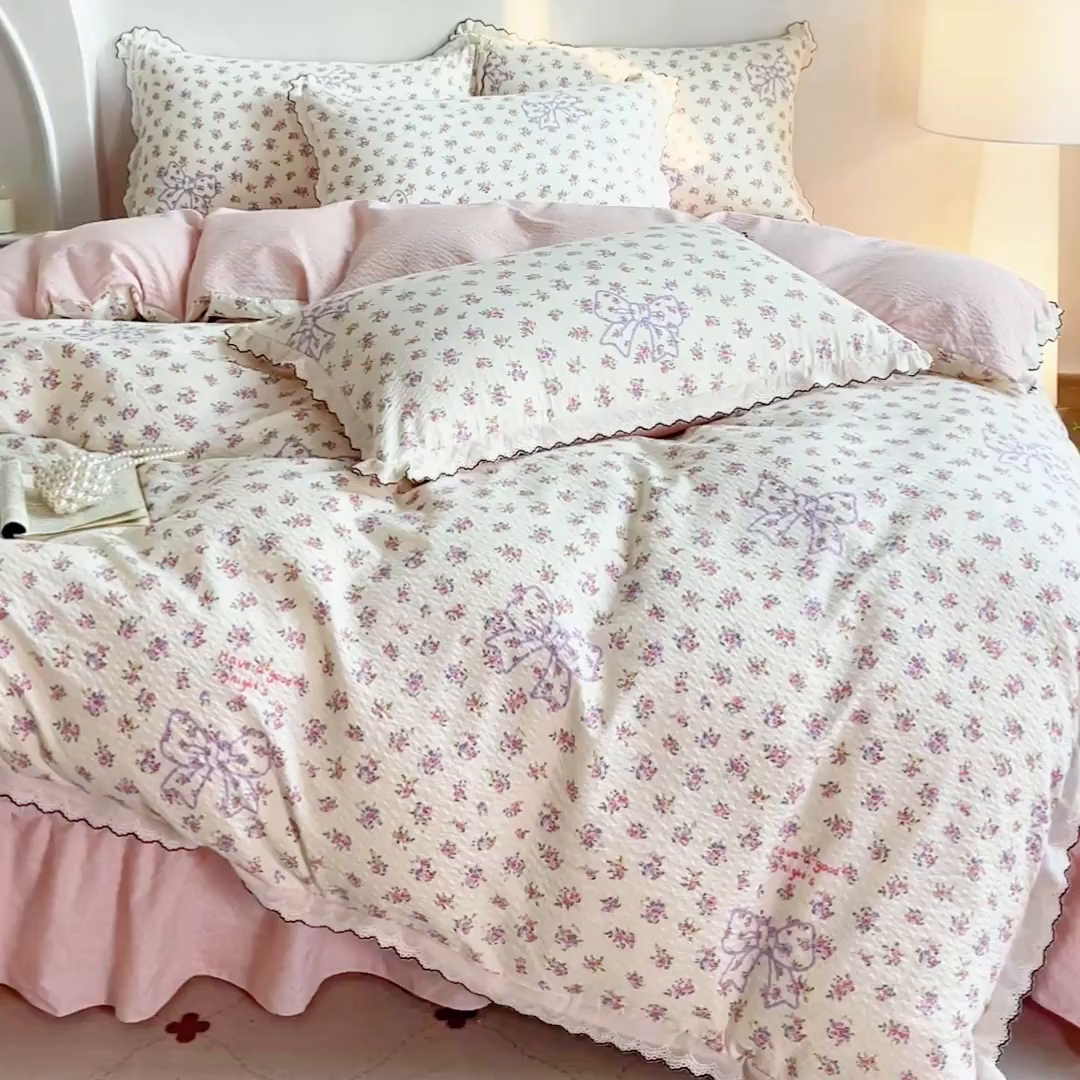 91家纺网 家纺一手货源 找家纺 尚美 2026新款泡芙棉床盖全棉绣花小花韩版四件套 蝴蝶结