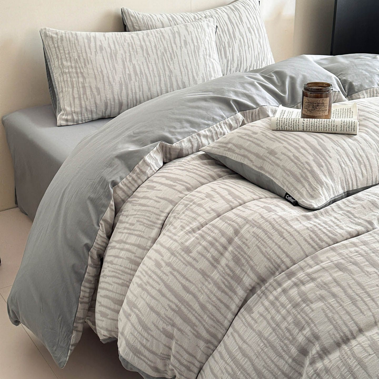 91家纺网 家纺一手货源 找家纺 涵宸家纺 2026新款全棉提花色坊系列四件套 碧棉-灰