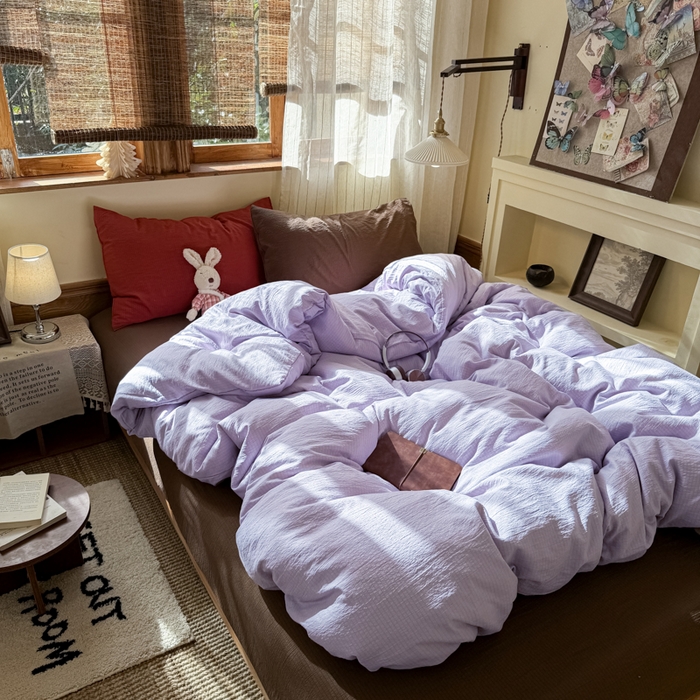 91家纺网 家纺一手货源 找家纺 海岛哥哥 2026新款云感纱混搭纯色双拼四件套 混搭 紫萝奶咖