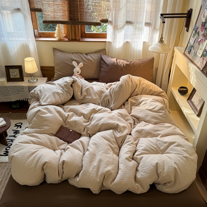 91家纺网 家纺一手货源 找家纺 海岛哥哥 2026新款云感纱混搭纯色双拼四件套 混搭 茶色山野