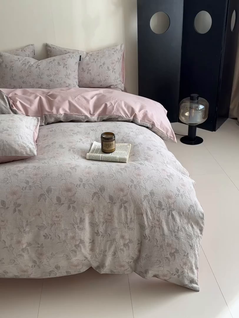 91家纺网 家纺一手货源 找家纺 涵宸家纺 2026新款全棉提花色坊系列四件套 繁花盈然-粉