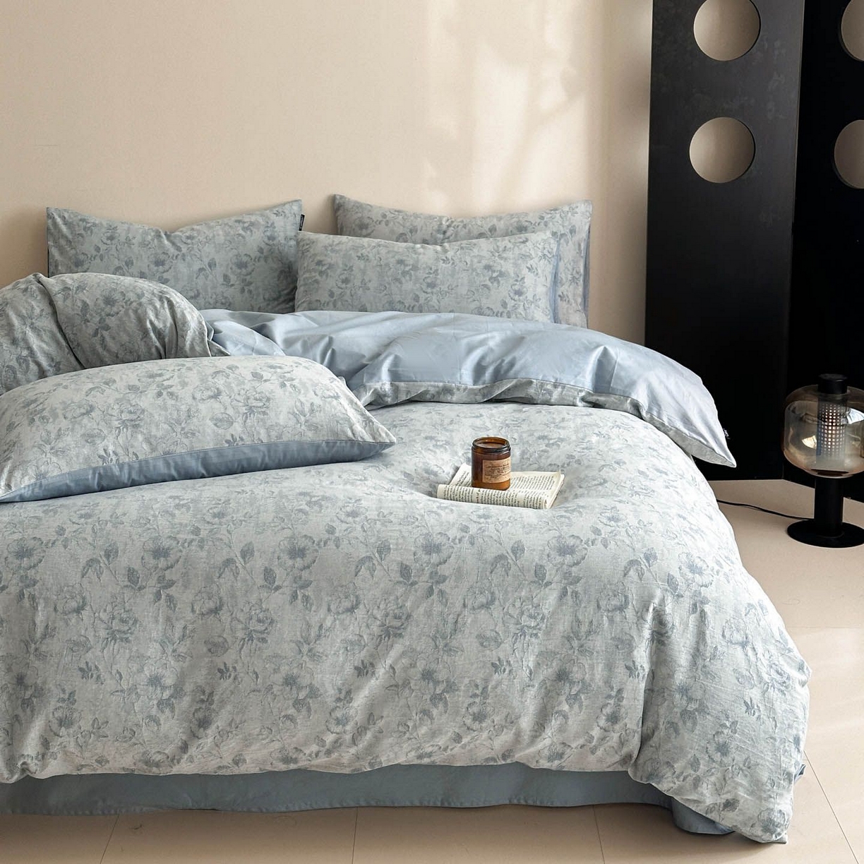 91家纺网 家纺一手货源 找家纺 涵宸家纺 2026新款全棉提花色坊系列四件套 繁花盈然-蓝