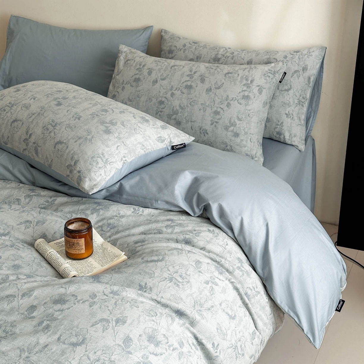 91家纺网 家纺一手货源 找家纺 涵宸家纺 2026新款全棉提花色坊系列四件套 繁花盈然-蓝