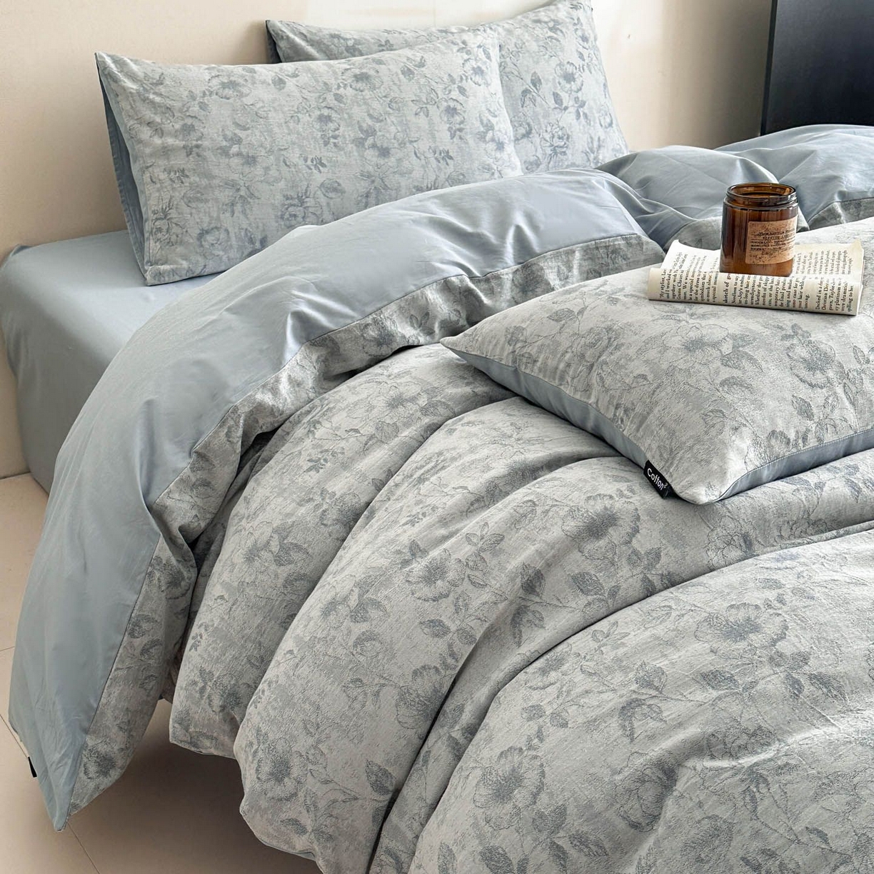 91家纺网 家纺一手货源 找家纺 涵宸家纺 2026新款全棉提花色坊系列四件套 繁花盈然-蓝