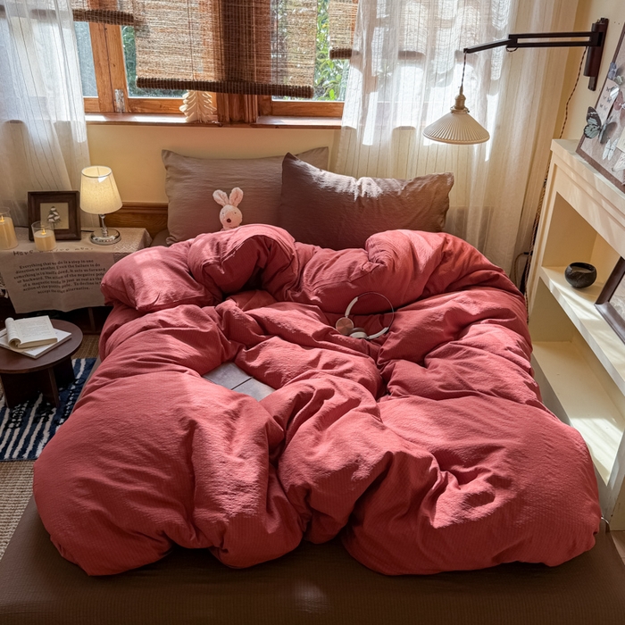 91家纺网 家纺一手货源 找家纺 海岛哥哥 2026新款云感纱混搭纯色双拼四件套 混搭 红红日记