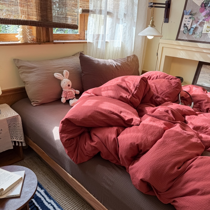 91家纺网 家纺一手货源 找家纺 海岛哥哥 2026新款云感纱混搭纯色双拼四件套 混搭 红红日记