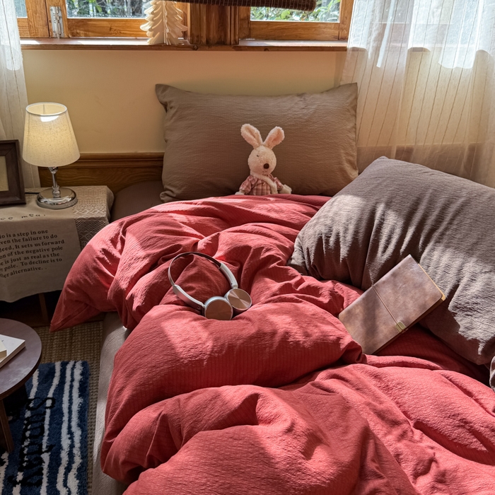 91家纺网 家纺一手货源 找家纺 海岛哥哥 2026新款云感纱混搭纯色双拼四件套 混搭 红红日记