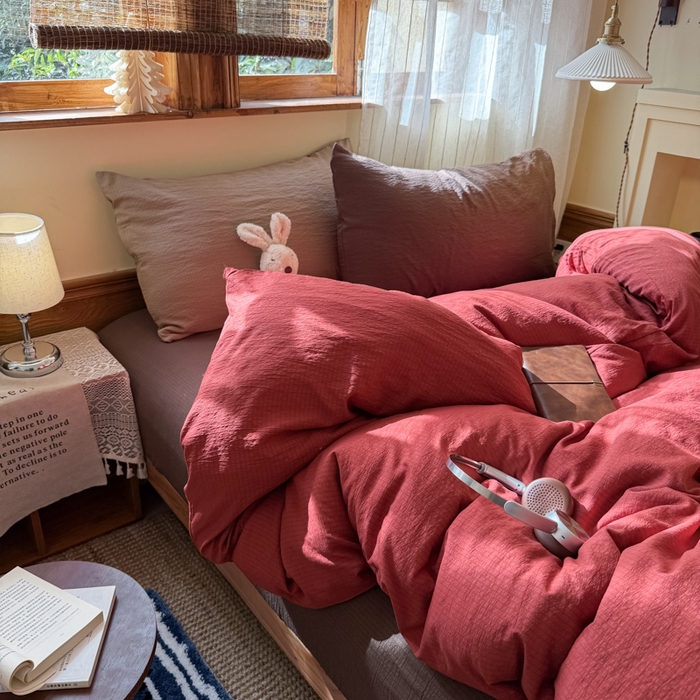 91家纺网 家纺一手货源 找家纺 海岛哥哥 2026新款云感纱混搭纯色双拼四件套 混搭 红红日记