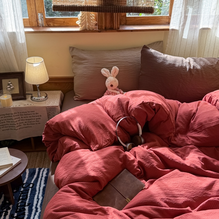 91家纺网 家纺一手货源 找家纺 海岛哥哥 2026新款云感纱混搭纯色双拼四件套 混搭 红红日记