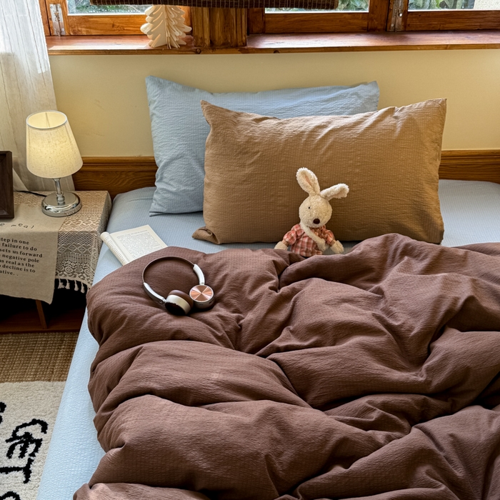 91家纺网 家纺一手货源 找家纺 海岛哥哥 2026新款云感纱混搭纯色双拼四件套 混搭 夏日栗色