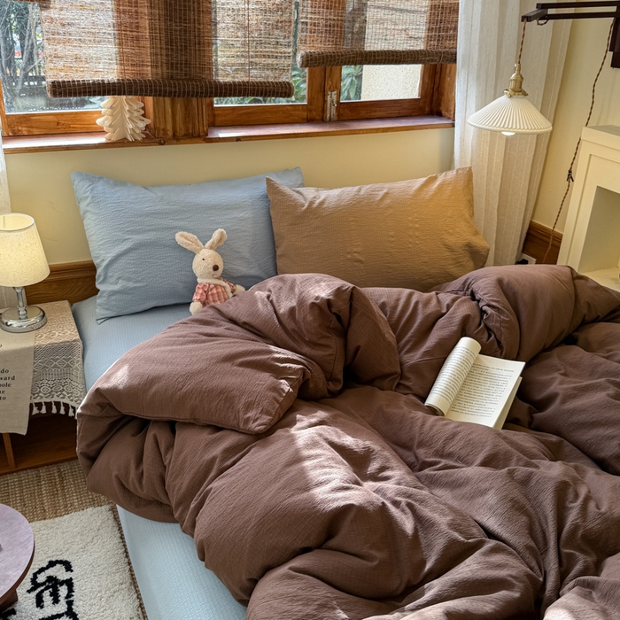 91家纺网 家纺一手货源 找家纺 海岛哥哥 2026新款云感纱混搭纯色双拼四件套 混搭 夏日栗色