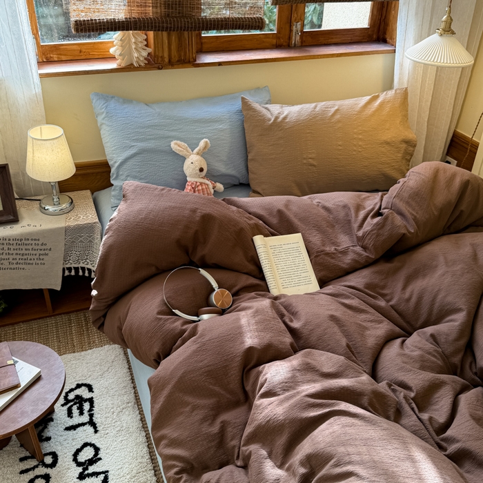 91家纺网 家纺一手货源 找家纺 海岛哥哥 2026新款云感纱混搭纯色双拼四件套 混搭 夏日栗色