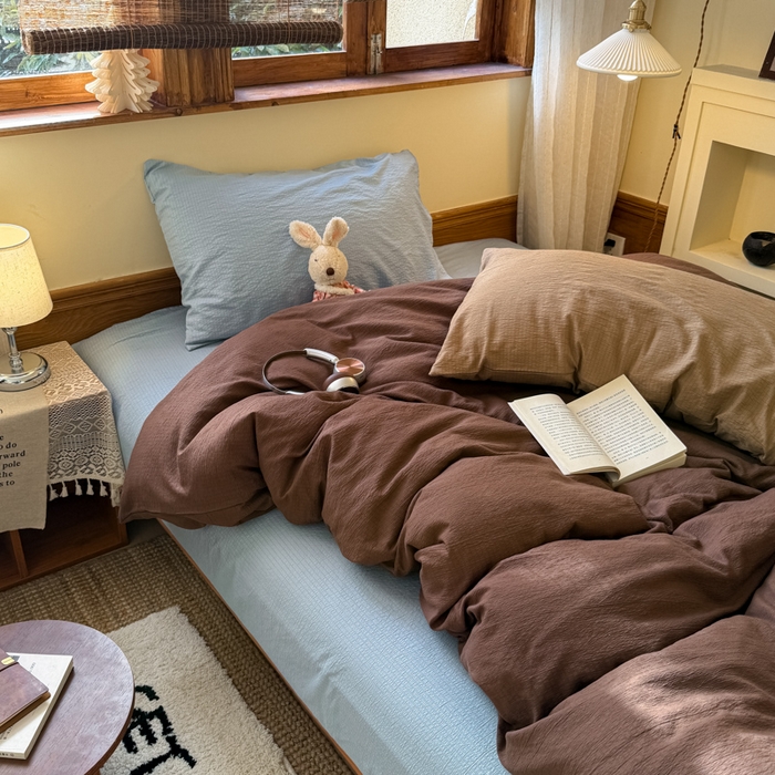 91家纺网 家纺一手货源 找家纺 海岛哥哥 2026新款云感纱混搭纯色双拼四件套 混搭 夏日栗色