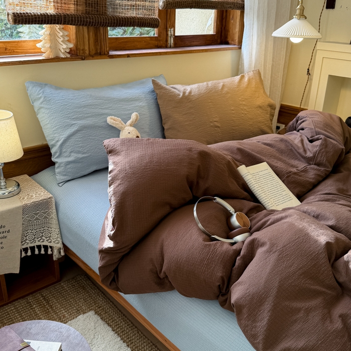 91家纺网 家纺一手货源 找家纺 海岛哥哥 2026新款云感纱混搭纯色双拼四件套 混搭 夏日栗色