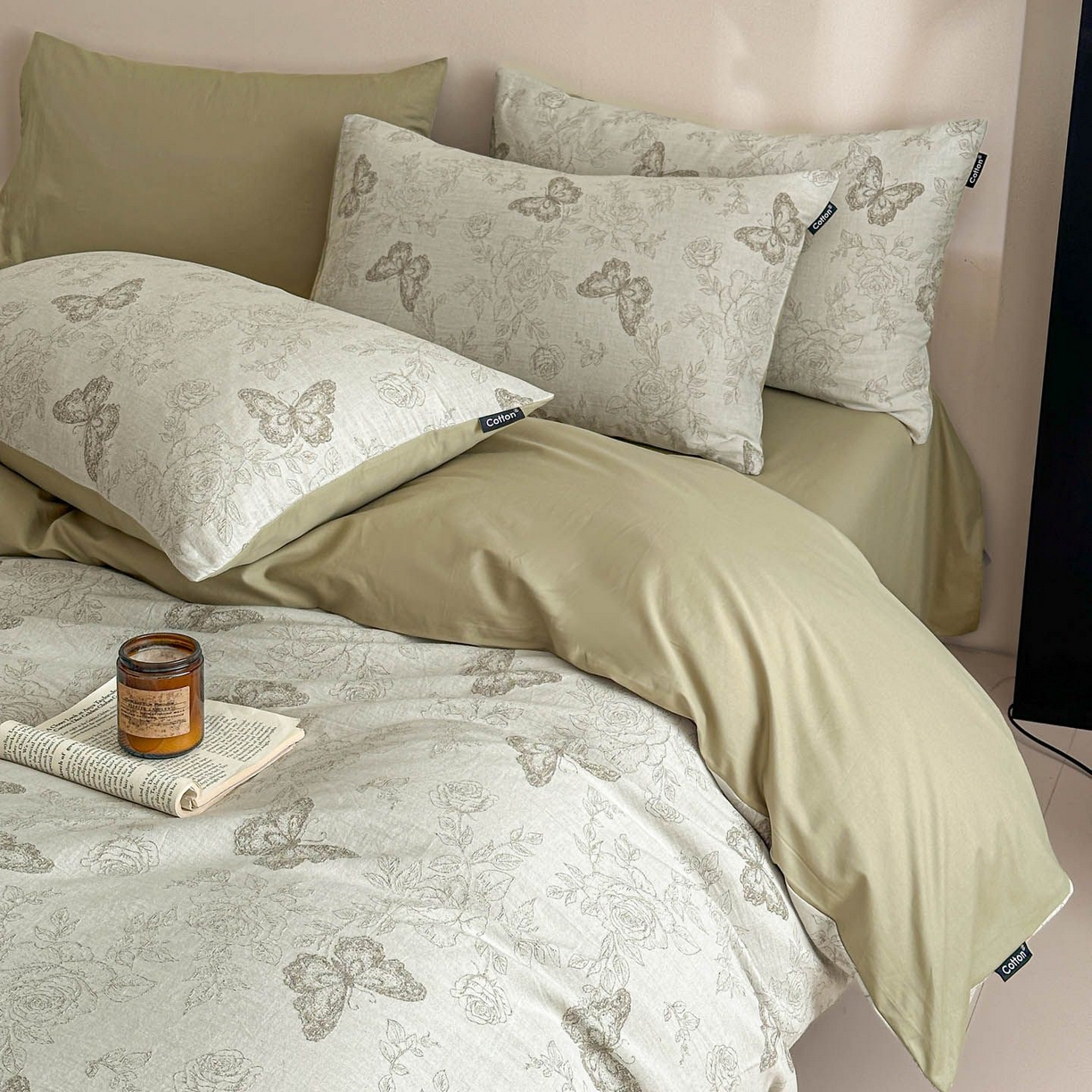 91家纺网 家纺一手货源 找家纺 涵宸家纺 2026新款全棉提花色坊系列四件套 玫瑰花蝶-绿