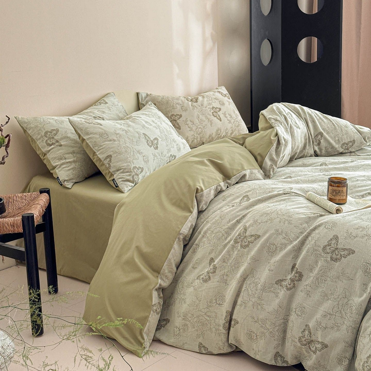 91家纺网 家纺一手货源 找家纺 涵宸家纺 2026新款全棉提花色坊系列四件套 玫瑰花蝶-绿