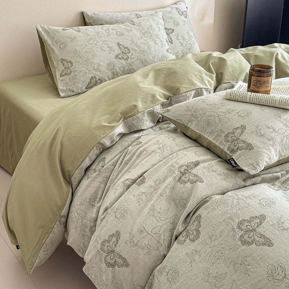 91家纺网 家纺一手货源 找家纺 涵宸家纺 2026新款全棉提花色坊系列四件套 玫瑰花蝶-绿