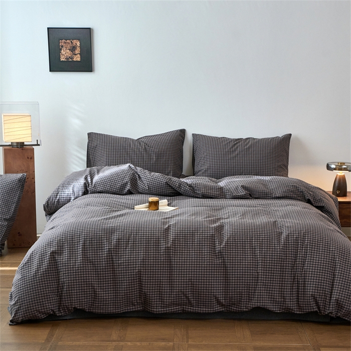 91家纺网 家纺一手货源 找家纺 兰紫橙家纺 2026新款全棉A类深色复古色织方格子水洗棉-赫本雅素系列（含买家秀和质检报告） 赫本灰