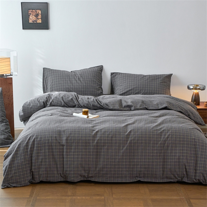 91家纺网 家纺一手货源 找家纺 兰紫橙家纺 2026新款全棉A类深色复古色织方格子水洗棉-赫本雅素系列（含买家秀和质检报告） 莫奈灰