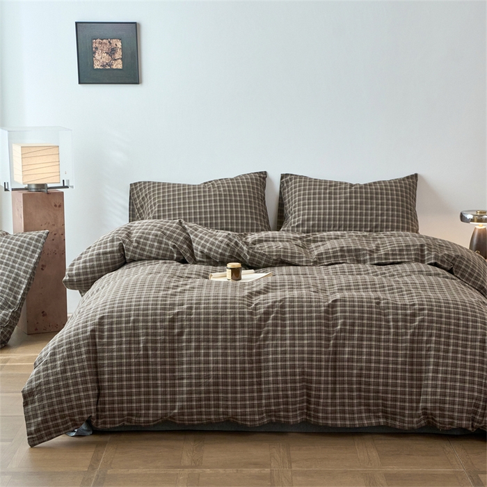 91家纺网 家纺一手货源 找家纺 兰紫橙家纺 2026新款全棉A类深色复古色织方格子水洗棉-赫本雅素系列（含买家秀和质检报告） 莫奈咖