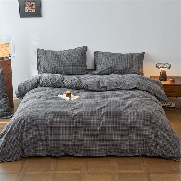 91家纺网 家纺一手货源 找家纺 兰紫橙家纺 2026新款全棉A类深色复古色织方格子水洗棉-赫本雅素系列（含买家秀和质检报告） 莫奈灰