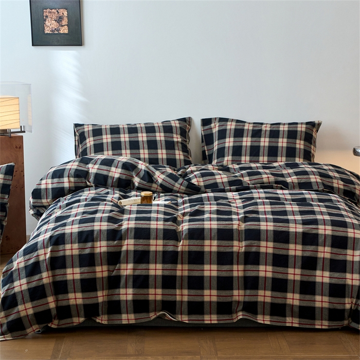 91家纺网 家纺一手货源 找家纺 兰紫橙家纺 2026新款全棉A类深色复古色织方格子水洗棉-赫本雅素系列（含买家秀和质检报告） 木槿黑