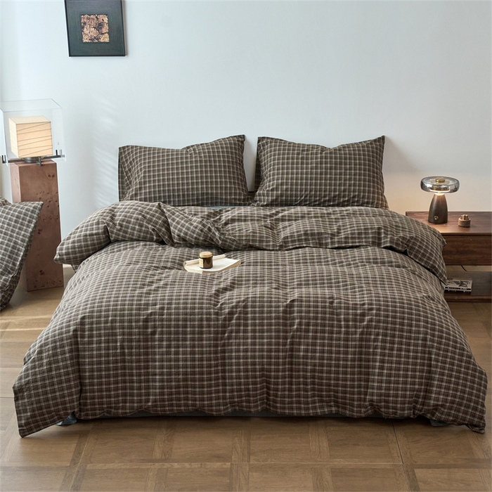 91家纺网 家纺一手货源 找家纺 兰紫橙家纺 2026新款全棉A类深色复古色织方格子水洗棉-赫本雅素系列（含买家秀和质检报告） 莫奈咖