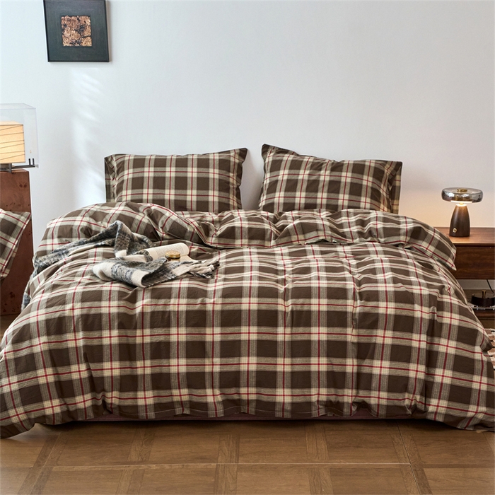 91家纺网 家纺一手货源 找家纺 兰紫橙家纺 2026新款全棉A类深色复古色织方格子水洗棉-赫本雅素系列（含买家秀和质检报告） 木槿咖