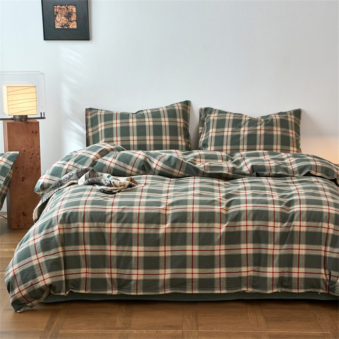 91家纺网 家纺一手货源 找家纺 兰紫橙家纺 2026新款全棉A类深色复古色织方格子水洗棉-赫本雅素系列（含买家秀和质检报告） 木槿绿