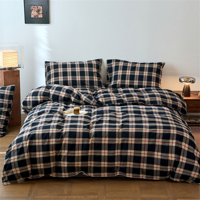 91家纺网 家纺一手货源 找家纺 兰紫橙家纺 2026新款全棉A类深色复古色织方格子水洗棉-赫本雅素系列（含买家秀和质检报告） 木槿黑