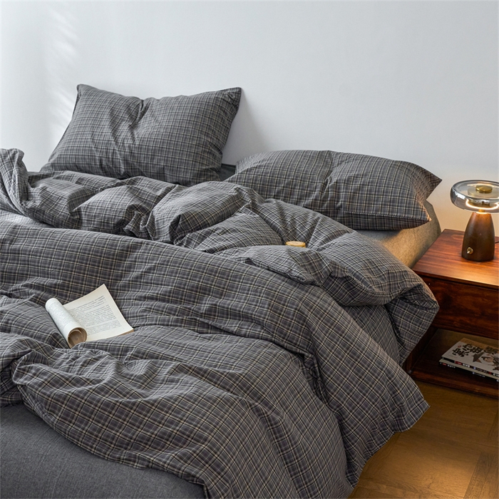 91家纺网 家纺一手货源 找家纺 兰紫橙家纺 2026新款全棉A类深色复古色织方格子水洗棉-赫本雅素系列（含买家秀和质检报告） 莫奈灰