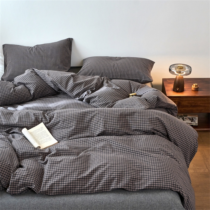 91家纺网 家纺一手货源 找家纺 兰紫橙家纺 2026新款全棉A类深色复古色织方格子水洗棉-赫本雅素系列（含买家秀和质检报告） 赫本灰