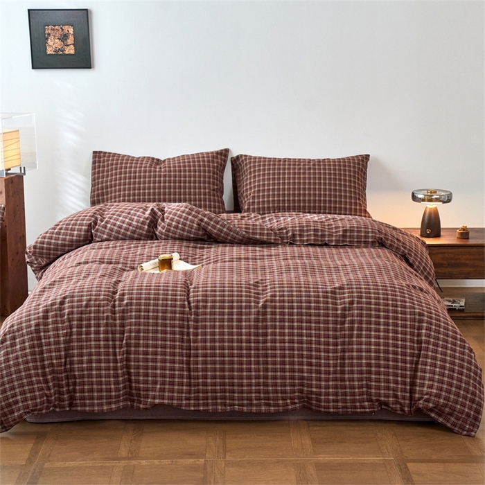 91家纺网 家纺一手货源 找家纺 兰紫橙家纺 2026新款全棉A类深色复古色织方格子水洗棉-赫本雅素系列（含买家秀和质检报告） 莫奈红