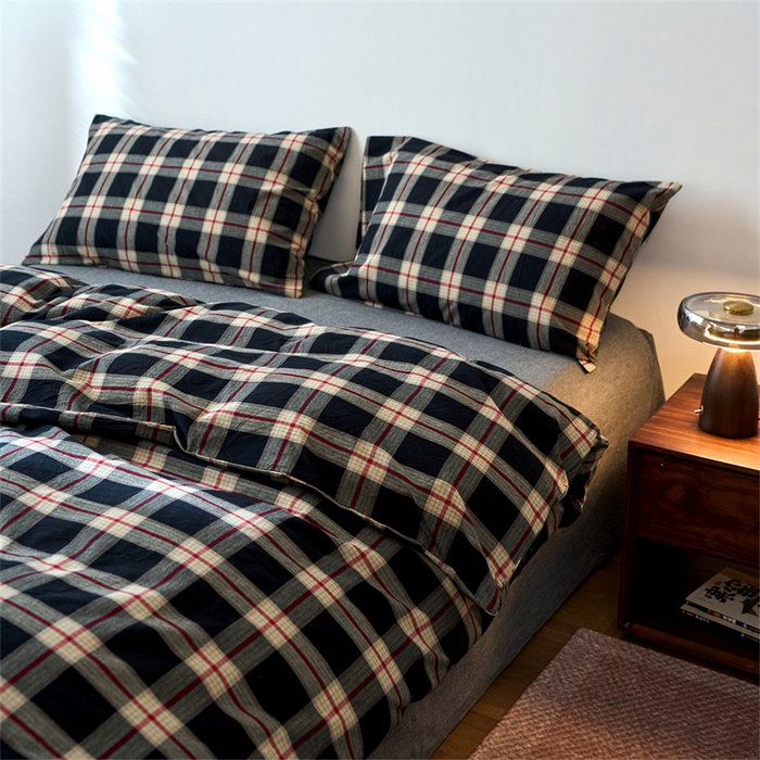 91家纺网 家纺一手货源 找家纺 兰紫橙家纺 2026新款全棉A类深色复古色织方格子水洗棉-赫本雅素系列（含买家秀和质检报告） 木槿黑