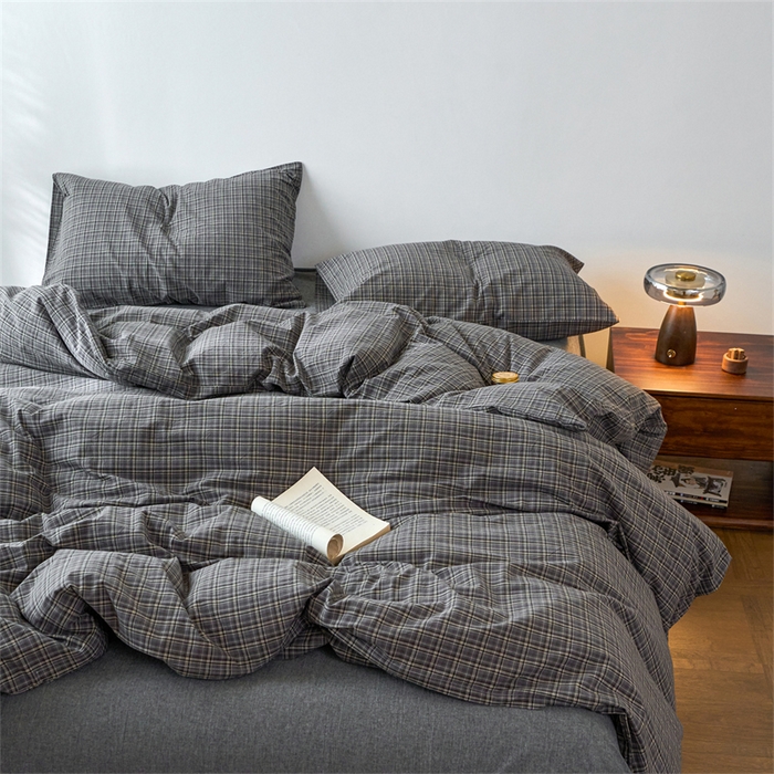 91家纺网 家纺一手货源 找家纺 兰紫橙家纺 2026新款全棉A类深色复古色织方格子水洗棉-赫本雅素系列（含买家秀和质检报告） 莫奈灰