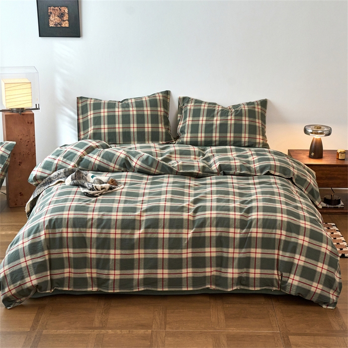 91家纺网 家纺一手货源 找家纺 兰紫橙家纺 2026新款全棉A类深色复古色织方格子水洗棉-赫本雅素系列（含买家秀和质检报告） 木槿绿