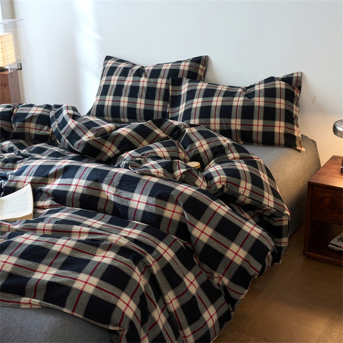 91家纺网 家纺一手货源 找家纺 兰紫橙家纺 2026新款全棉A类深色复古色织方格子水洗棉-赫本雅素系列（含买家秀和质检报告） 木槿黑