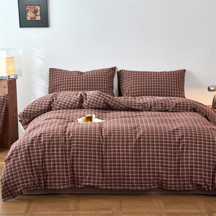 91家纺网 家纺一手货源 找家纺 兰紫橙家纺 2026新款全棉A类深色复古色织方格子水洗棉-赫本雅素系列（含买家秀和质检报告） 莫奈红