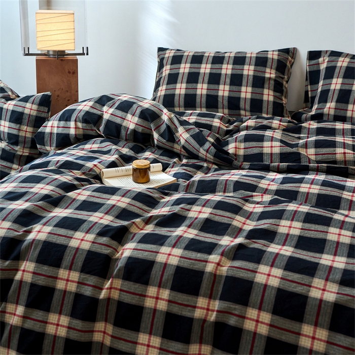 91家纺网 家纺一手货源 找家纺 兰紫橙家纺 2026新款全棉A类深色复古色织方格子水洗棉-赫本雅素系列（含买家秀和质检报告） 木槿黑