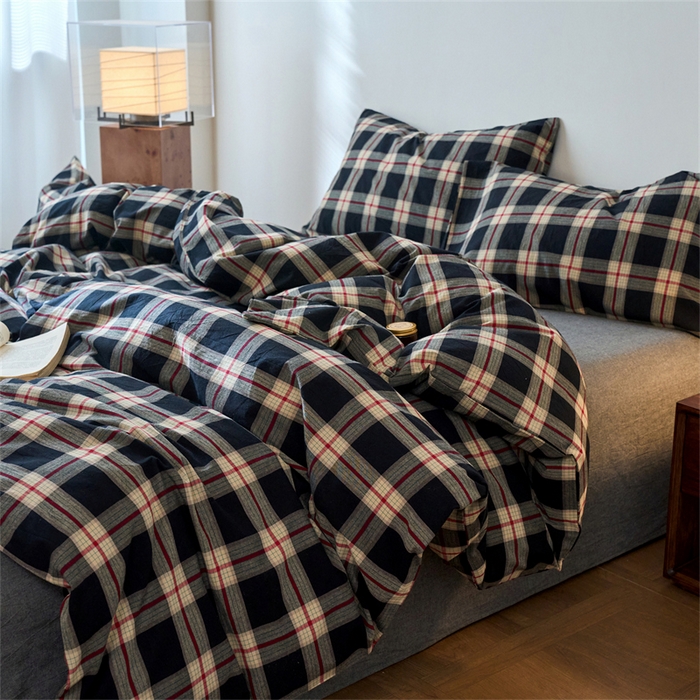 91家纺网 家纺一手货源 找家纺 兰紫橙家纺 2026新款全棉A类深色复古色织方格子水洗棉-赫本雅素系列（含买家秀和质检报告） 木槿黑