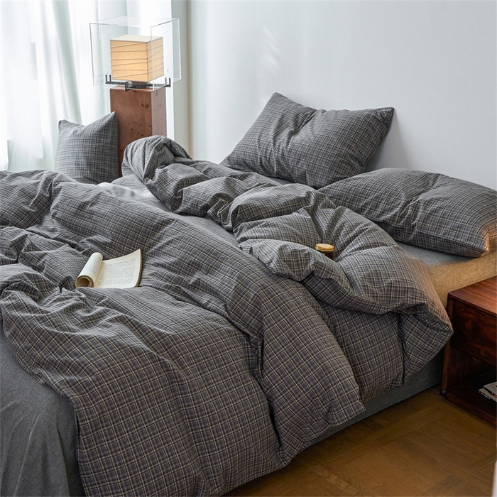 91家纺网 家纺一手货源 找家纺 兰紫橙家纺 2026新款全棉A类深色复古色织方格子水洗棉-赫本雅素系列（含买家秀和质检报告） 莫奈灰