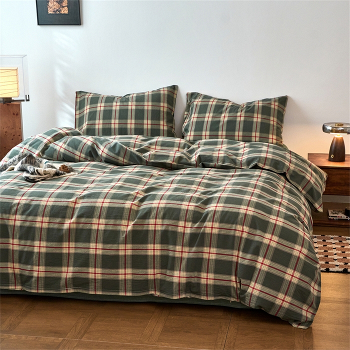 91家纺网 家纺一手货源 找家纺 兰紫橙家纺 2026新款全棉A类深色复古色织方格子水洗棉-赫本雅素系列（含买家秀和质检报告） 木槿绿