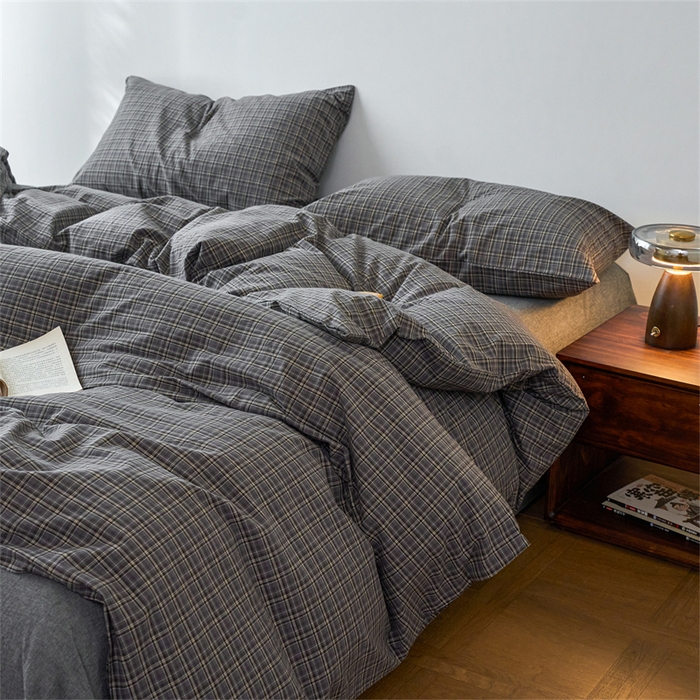 91家纺网 家纺一手货源 找家纺 兰紫橙家纺 2026新款全棉A类深色复古色织方格子水洗棉-赫本雅素系列（含买家秀和质检报告） 莫奈灰