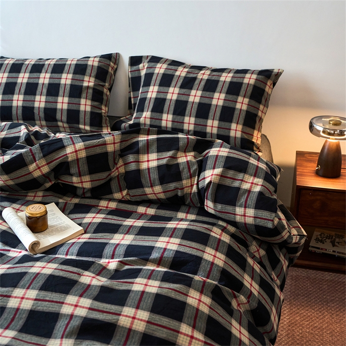 91家纺网 家纺一手货源 找家纺 兰紫橙家纺 2026新款全棉A类深色复古色织方格子水洗棉-赫本雅素系列（含买家秀和质检报告） 木槿黑