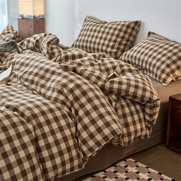 91家纺网 家纺一手货源 找家纺 兰紫橙家纺 2026新款全棉A类深色复古色织方格子水洗棉-赫本雅素系列（含买家秀和质检报告） 雅素咖