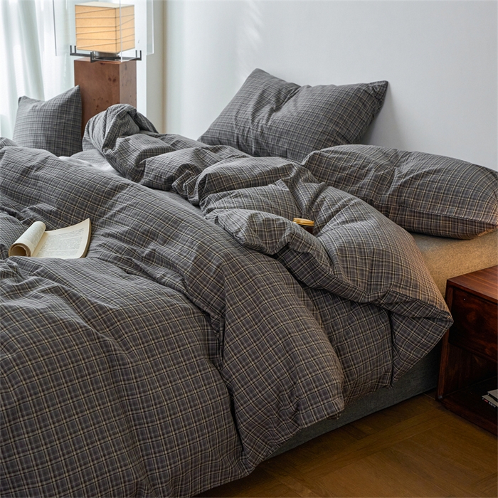 91家纺网 家纺一手货源 找家纺 兰紫橙家纺 2026新款全棉A类深色复古色织方格子水洗棉-赫本雅素系列（含买家秀和质检报告） 莫奈灰